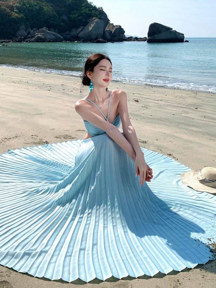Spaghetti Strap Plain Cutout Pleated Maxi A-Line Dress