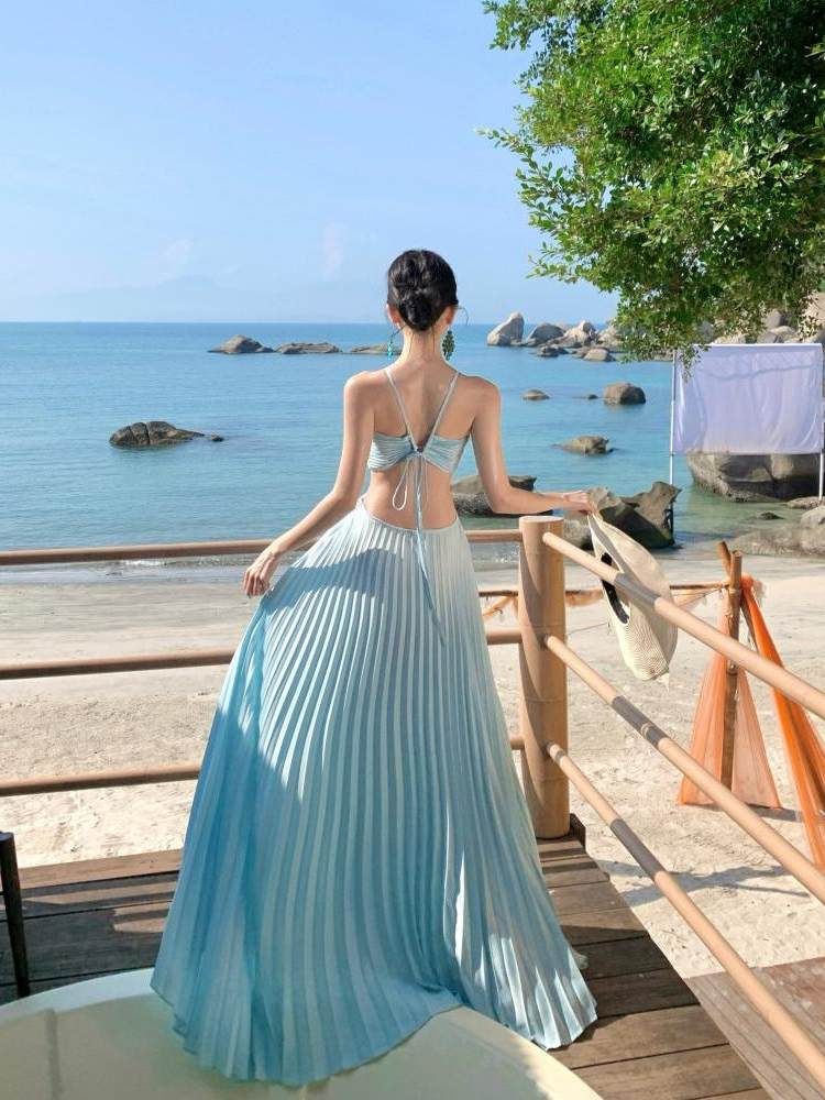 Spaghetti Strap Plain Cutout Pleated Maxi A-Line Dress