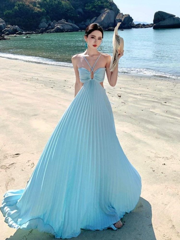 Spaghetti Strap Plain Cutout Pleated Maxi A-Line Dress