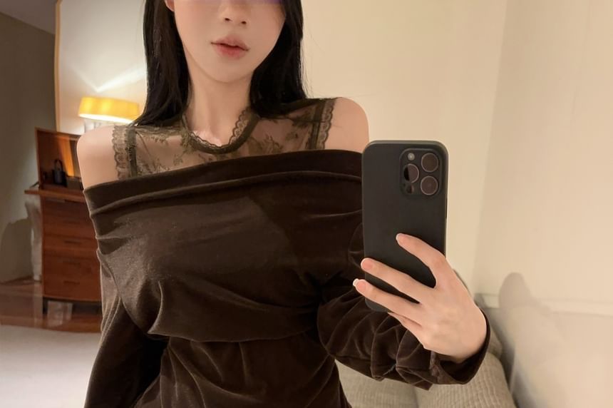 Cold Shoulder Velvet Top with Lace Panel