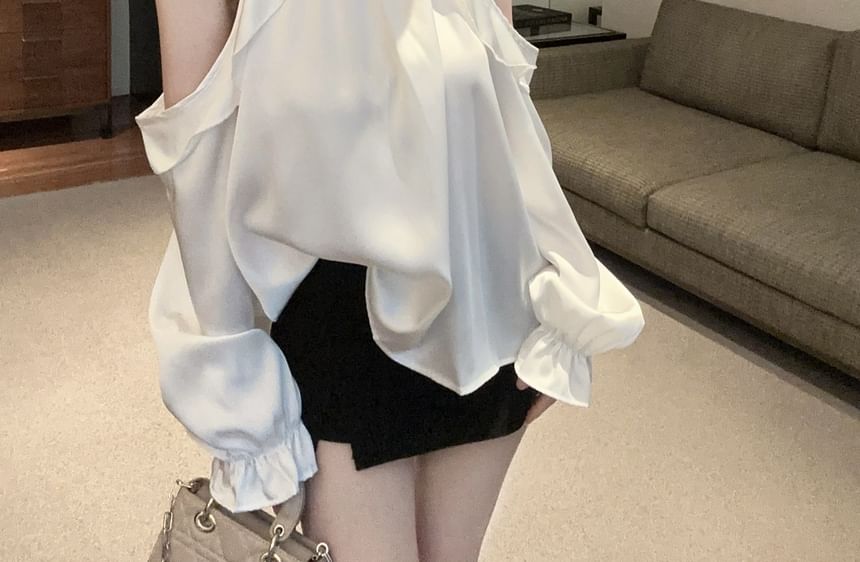 Rhinestone Cold Shoulder Crewneck Long Sleeve Blouse
