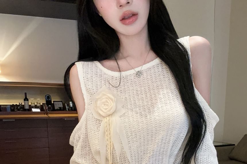Crewneck Cold-Shoulder Top with Woven Waist Belt