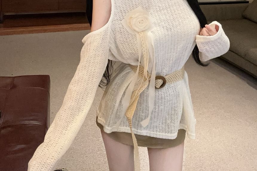 Crewneck Cold-Shoulder Top with Woven Waist Belt