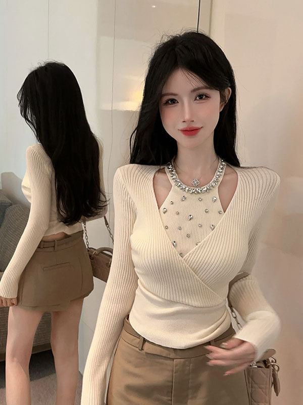 Rhinestone Knit Two-Piece Long Sleeve Top