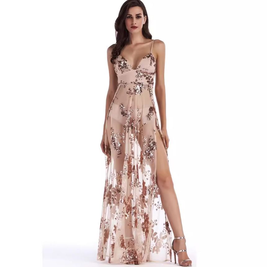 Spaghetti Strap V-Neck Sequin Open Back Sheer Slit Maxi A-Line Dress
