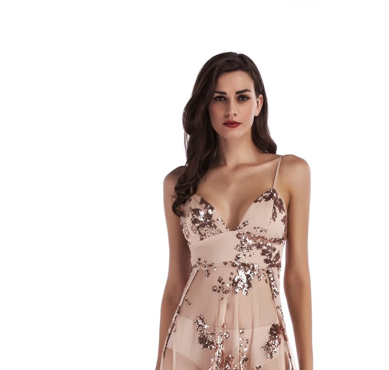 Spaghetti Strap V-Neck Sequin Open Back Sheer Slit Maxi A-Line Dress