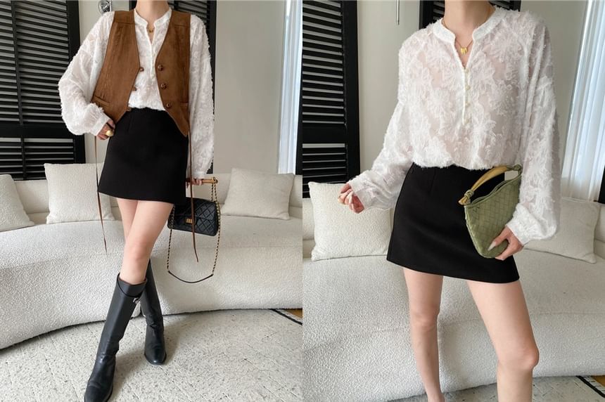 Long Sleeve Stand Collar Lace Overhead Shirt