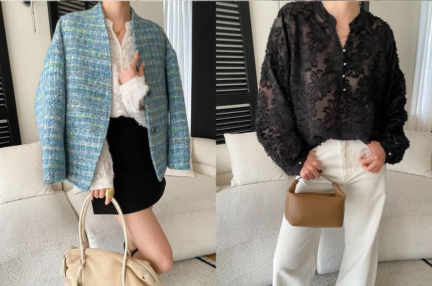 Long Sleeve Stand Collar Lace Overhead Shirt