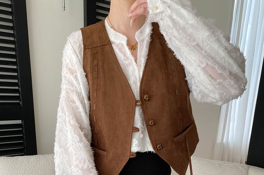 Long Sleeve Stand Collar Lace Overhead Shirt