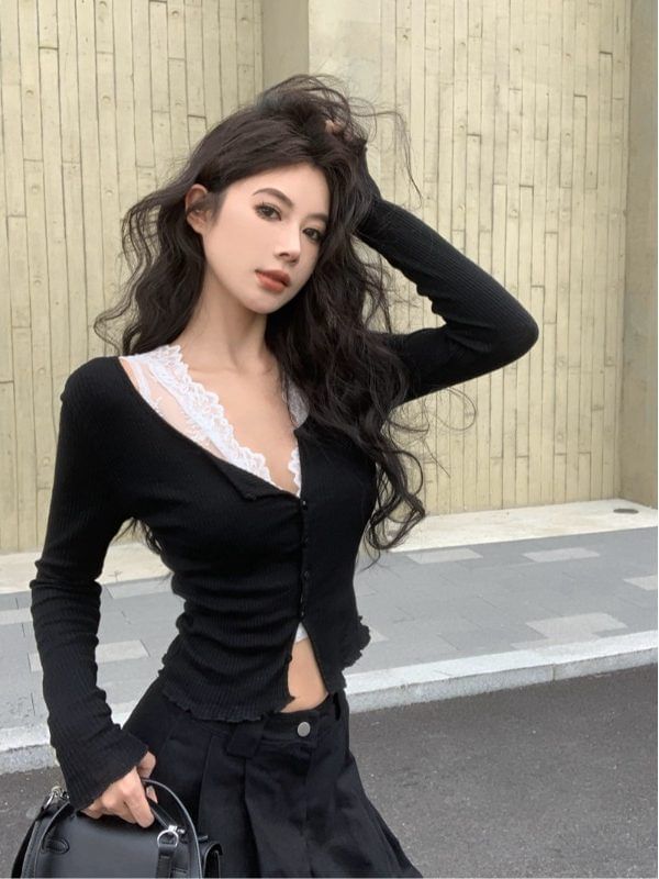Ribbed Cardigan & Lace Tank Top Set