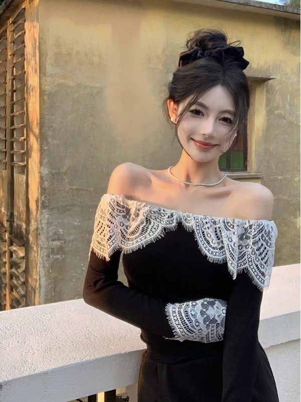 Off Shoulder Lace Panel Top Long Sleeve