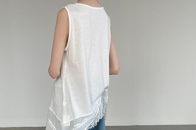 Sleeveless Lace Panel Asymmetrical Long Top