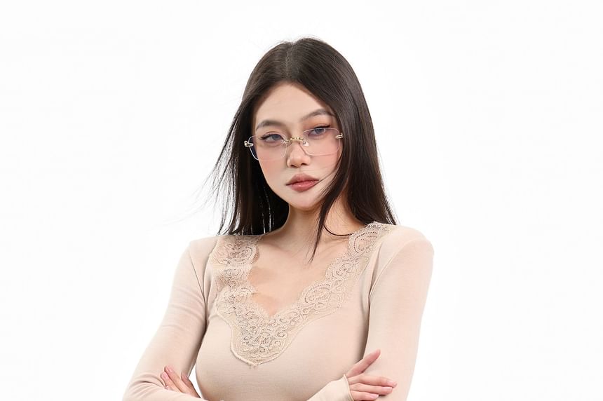 V-Neck Lace Panel Top Long Sleeve