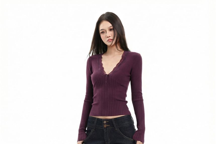 V-Neck Ribbed Knit Top with Lace Trim Sleeves