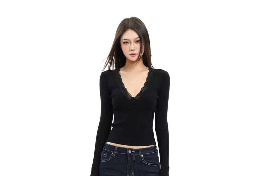 V-Neck Ribbed Knit Top with Lace Trim Sleeves