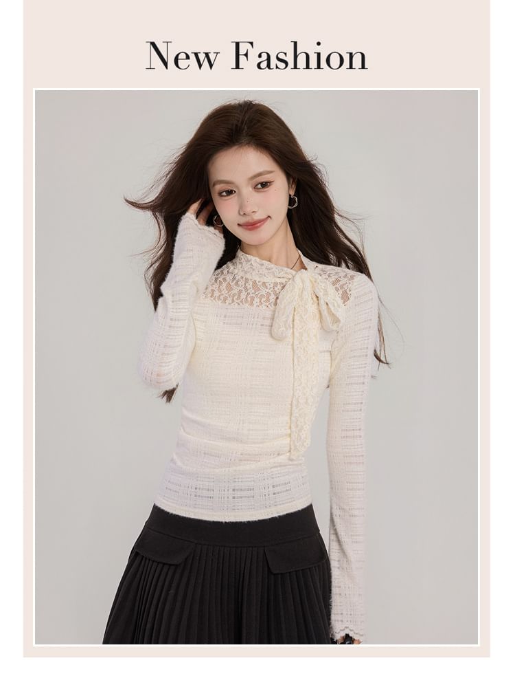 Mock Neck Lace Panel Ruched Long-Sleeve Top