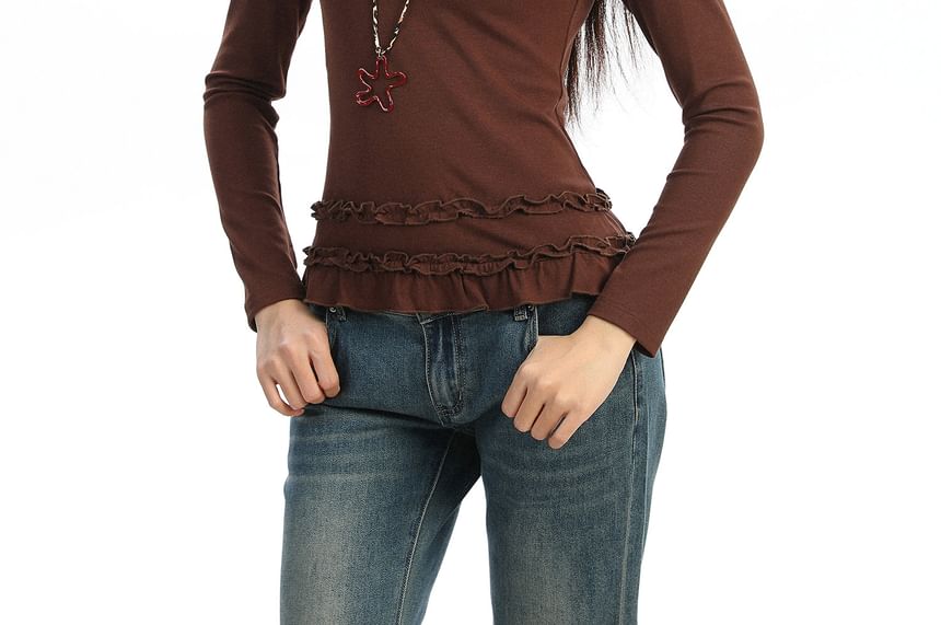 Halter Neck Polka Dot Frill Trim Long-Sleeve Tee