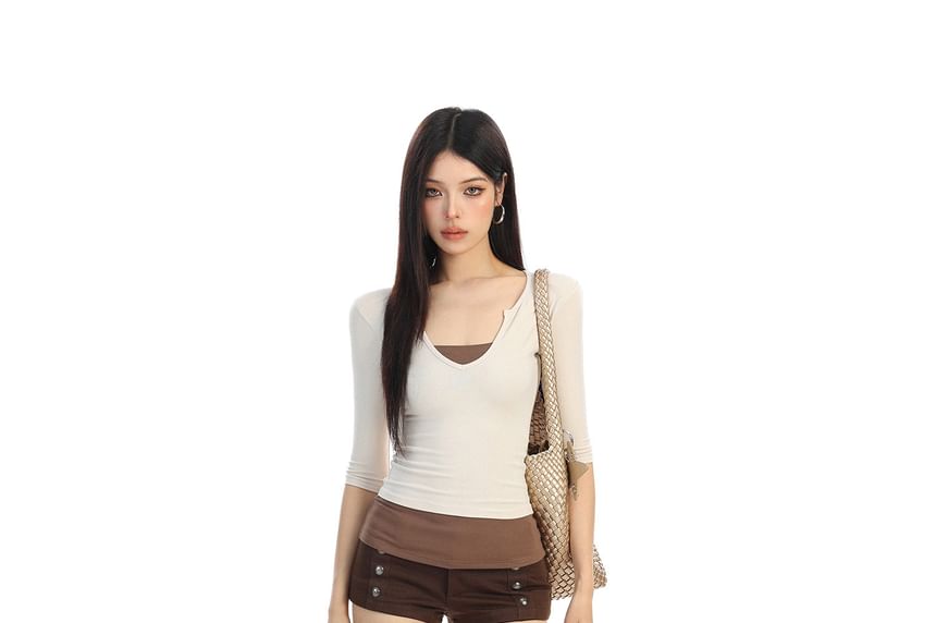 Two-Tone Notch Neck Slim-Fit Tee with Mock Layers