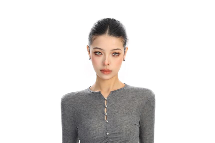 Notch Neck Rhinestone Accent Ruched Long-Sleeve Tee