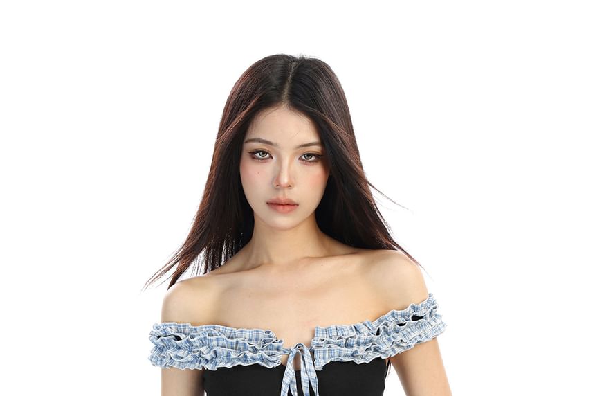 Off-Shoulder Plaid Frill Trim Tie-Front Crop Top