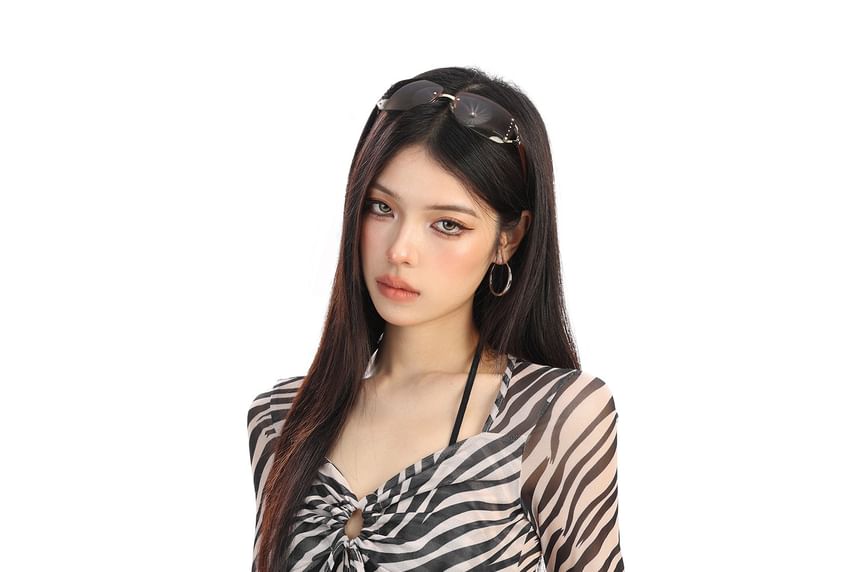 Zebra Print V-Neck Cropped Long Sleeve Tie-Front Top