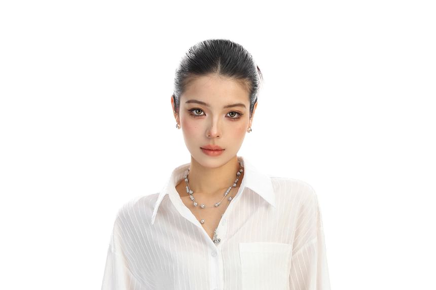 Collared Striped Tie-Waist Long-Sleeve Blouse
