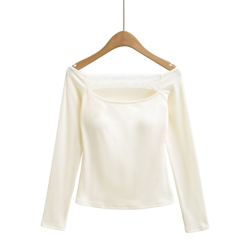 Off-Shoulder Lace Cutout Slim Fit Crop Tee Long Sleeve