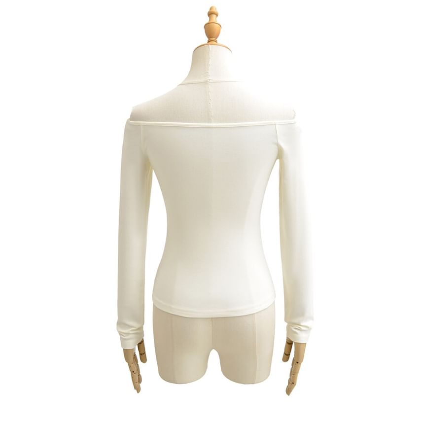 Off-Shoulder Lace Cutout Slim Fit Crop Tee Long Sleeve
