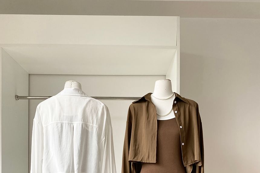 Set: Long-Sleeve Button-Up Plain Crop Shirt + Spaghetti Strap Contrast Trim Maxi Mermaid Dress