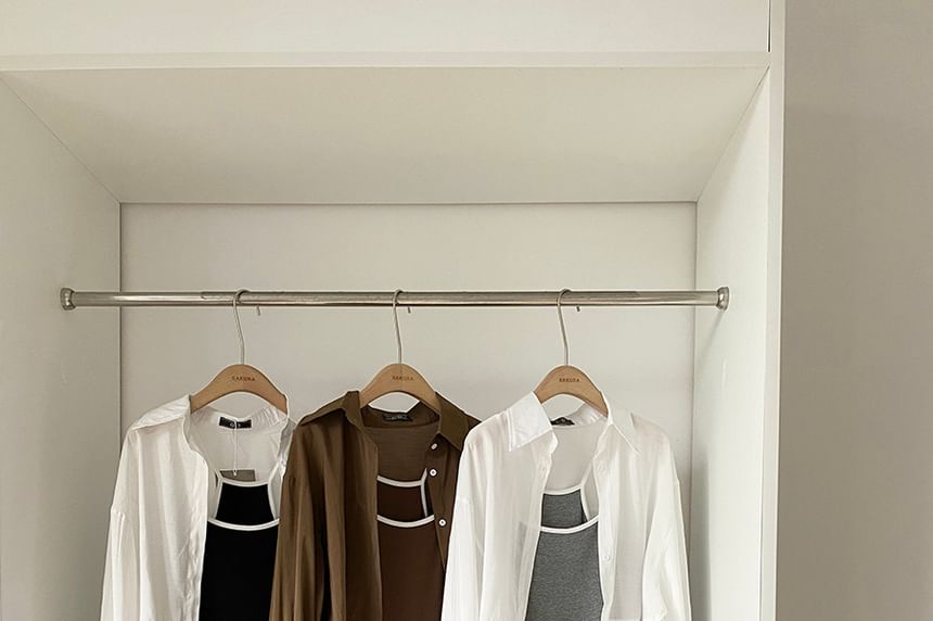 Set: Long-Sleeve Button-Up Plain Crop Shirt + Spaghetti Strap Contrast Trim Maxi Mermaid Dress