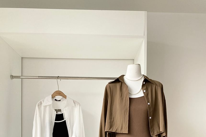 Set: Long-Sleeve Button-Up Plain Crop Shirt + Spaghetti Strap Contrast Trim Maxi Mermaid Dress