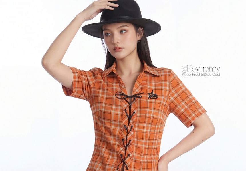 Collared Plaid Lace Up Shirt Short Sleeve