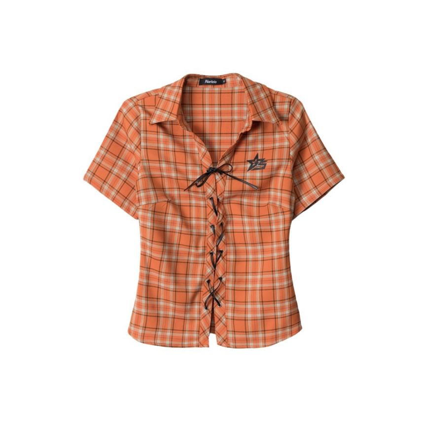 Collared Plaid Lace Up Shirt Short Sleeve