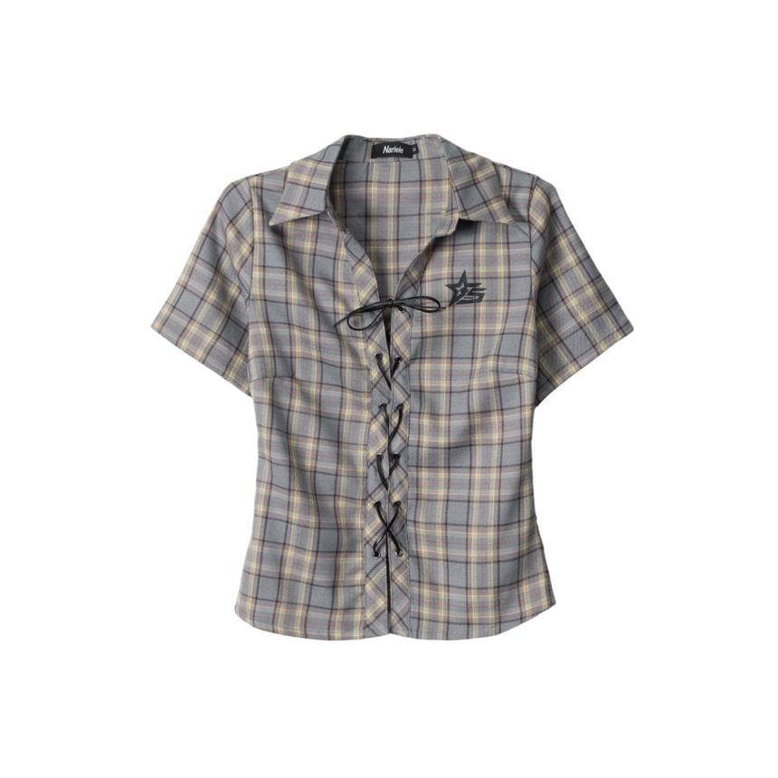 Plaid Collared Lace-Up Short Sleeve Shirt