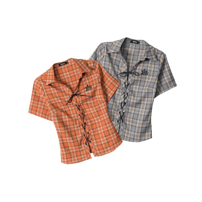 Collared Plaid Lace Up Shirt Short Sleeve