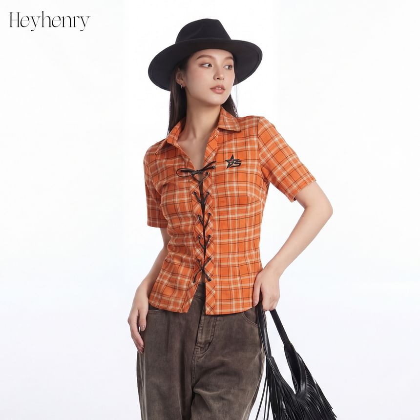 Collared Plaid Lace Up Shirt Short Sleeve