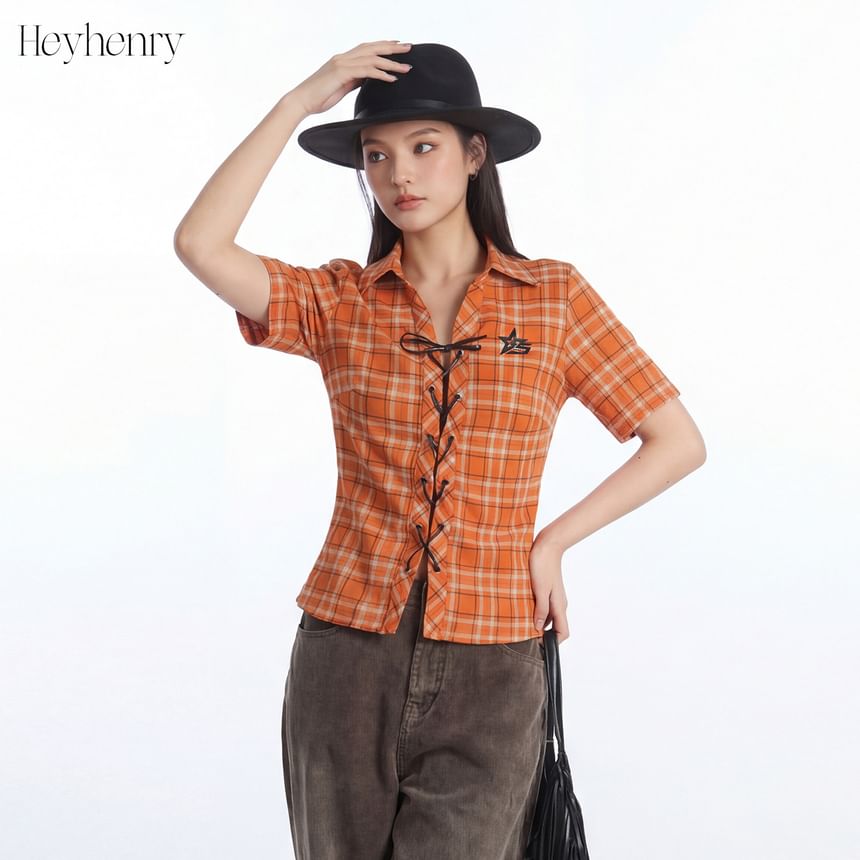 Plaid Collared Lace-Up Short Sleeve Shirt