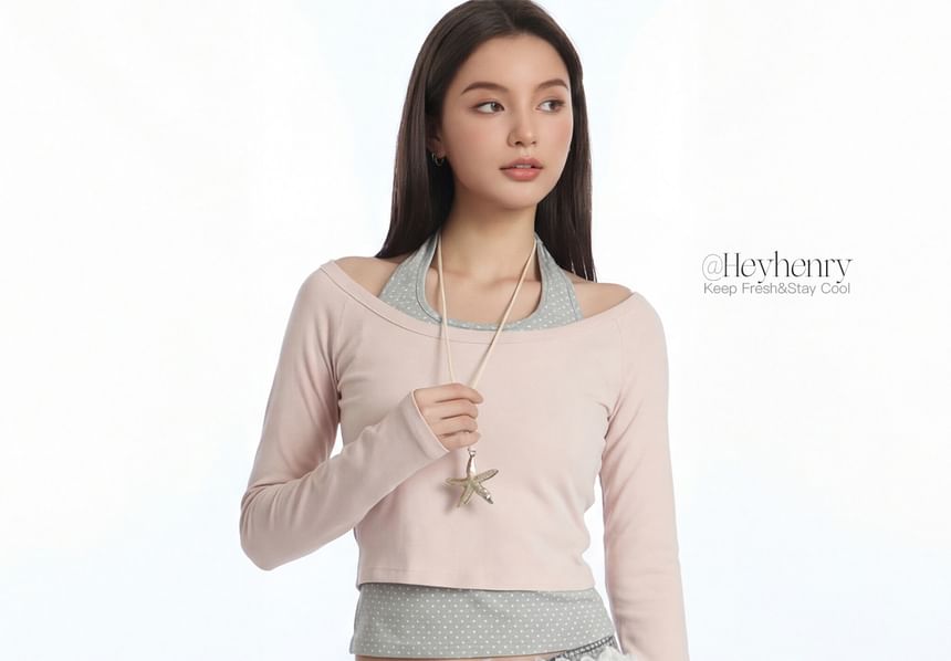 Halter Dotted Two-Piece Long Sleeve Top