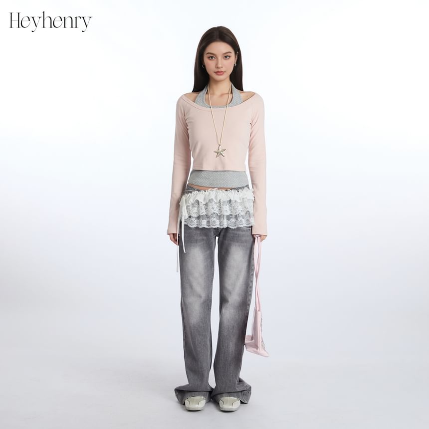 Halter Dotted Two-Piece Long Sleeve Top