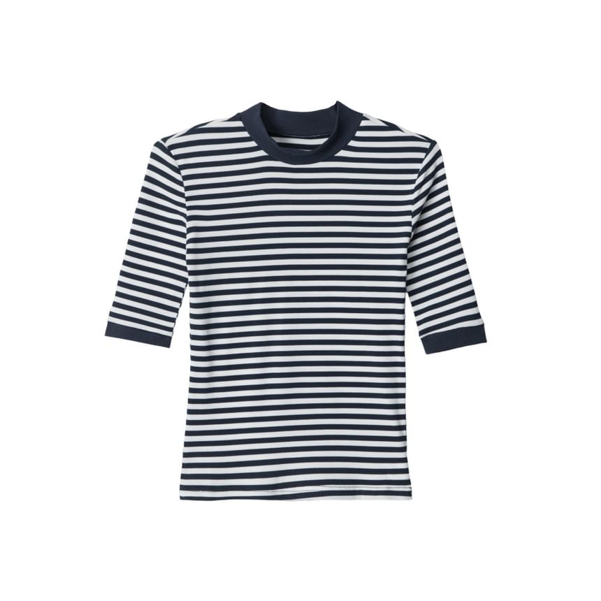 Breton Striped Mock Neck Knit Top with Elbow Sleeves