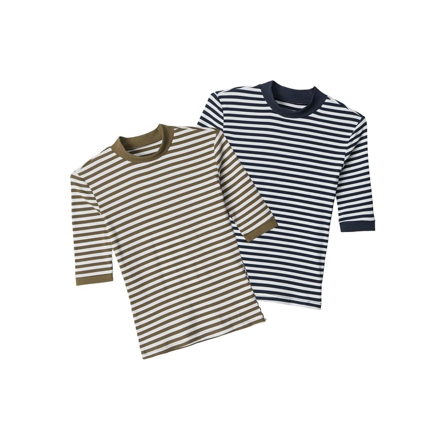 Breton Striped Mock Neck Knit Top with Elbow Sleeves