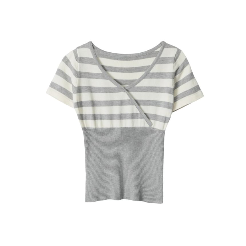 Striped Wrap Knit Top with V-Neck and Short Sleeves