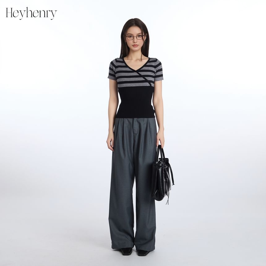 Striped Wrap Knit Top with V-Neck and Short Sleeves