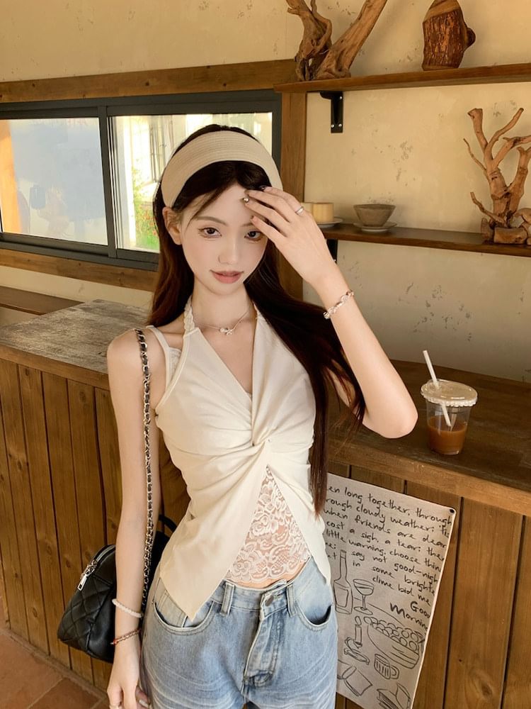 Halter V-Neck Lace Panel Ruched Open Back Crop Top