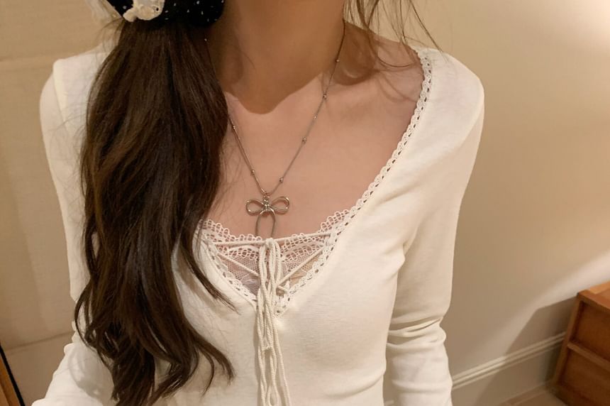 Lace-Up Panel V-Neck Long Sleeve Lace Top
