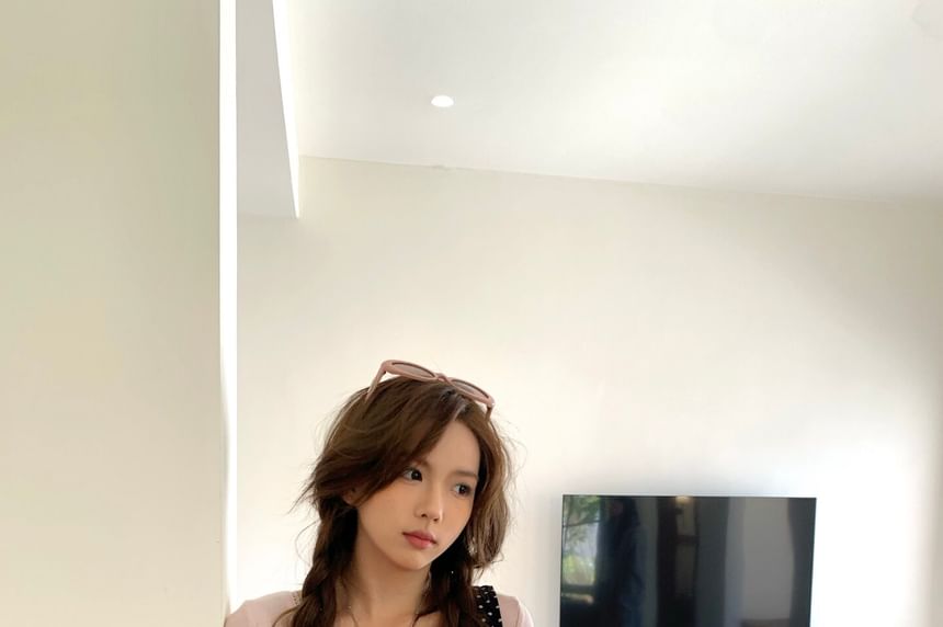 V-Neck Lace Up Panel Top Long Sleeve