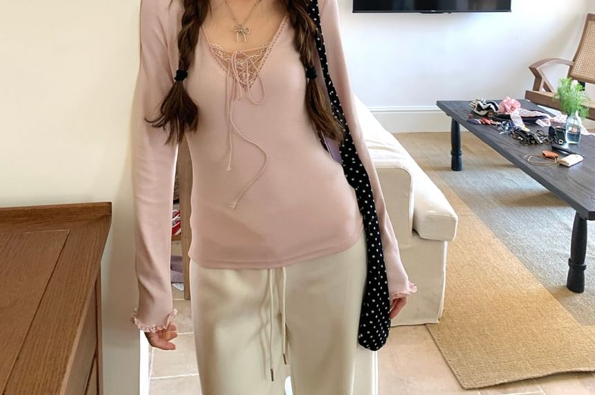 V-Neck Lace Up Panel Top Long Sleeve