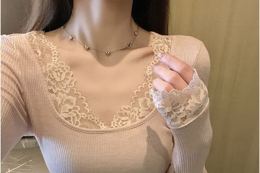 Lace Panel V-Neck Long Sleeve Blouse
