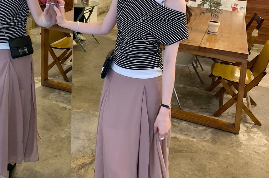 Halter Striped Two-Piece Short Sleeve Top