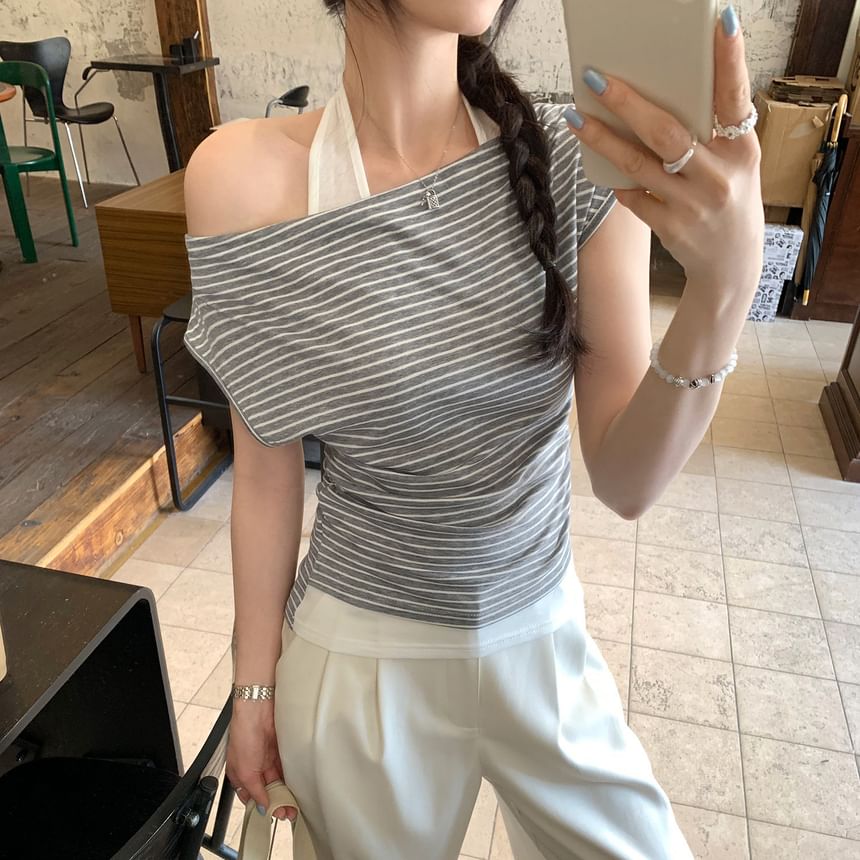 Halter Striped Two-Piece Short Sleeve Top